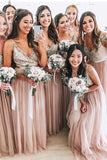 a line v neck sequins tulle blush long bridesmaid dresses