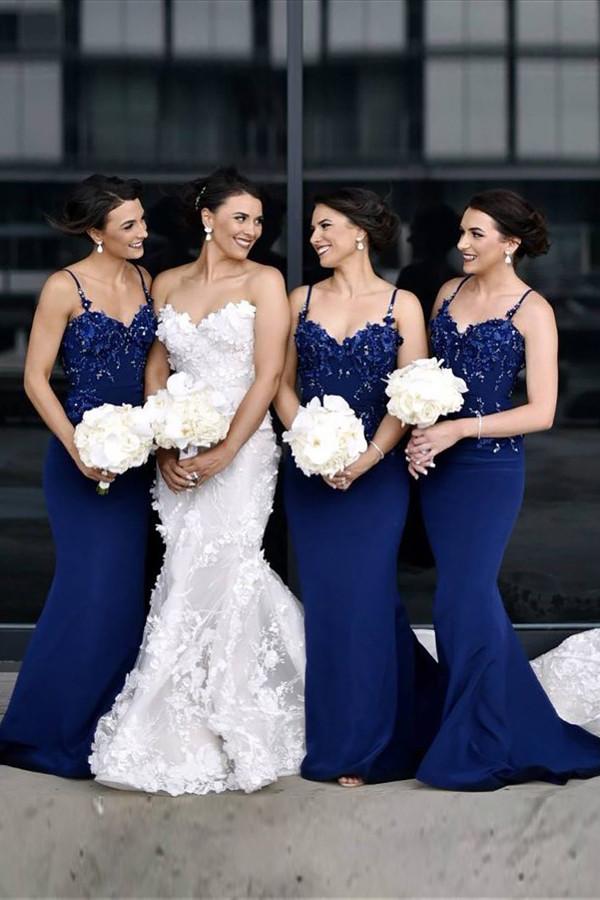 spaghetti straps blue mermaid bridesmaid dresses with appliques beading