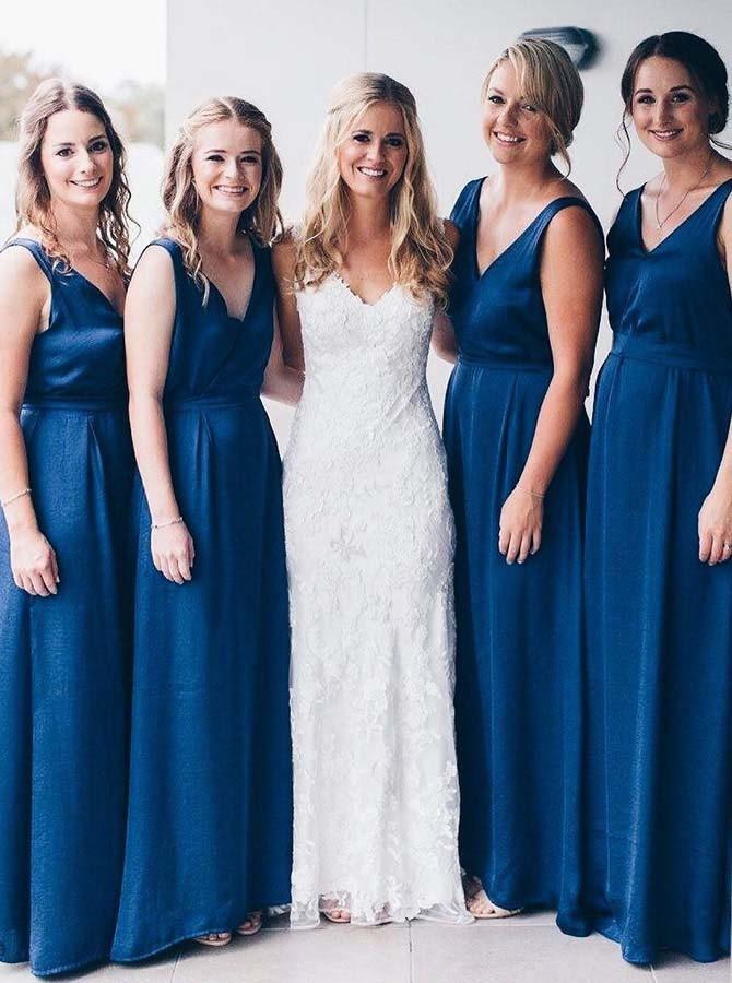 elegant a line v neck royal blue long bridesmaid dresses