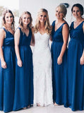 Elegant A-Line V-Neck Royal Blue Long Bridesmaid Dresses PB126