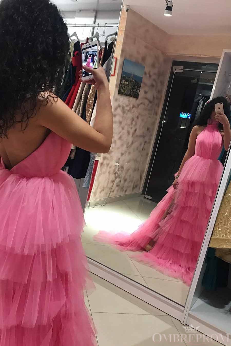 Princess Halter Pink Long Prom Dresses Backless Pageant Dress With Layers MP212