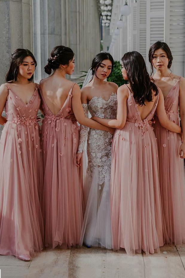 pink a line v neck backless long bridesmaid dress with flowers