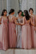 pink a line v neck backless long bridesmaid dress with flowers