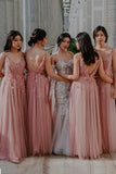 Pink A-Line V-Neck Backless Long Bridesmaid Dress with Flowers PB125