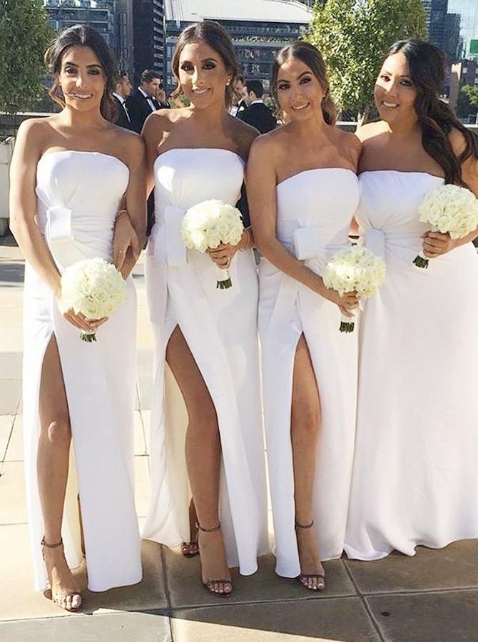 white strapless sheath bridesmaid dresses slit with ruched