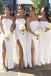 white strapless sheath bridesmaid dresses slit with ruched