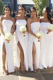 White Strapless Sheath Bridesmaid Dresses Slit with Ruched PB122
