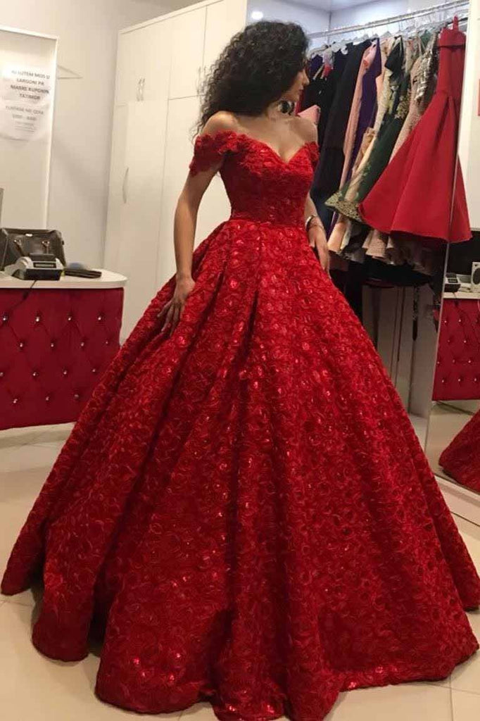 elegant ball gown off the shoulder red prom quinceanera dress