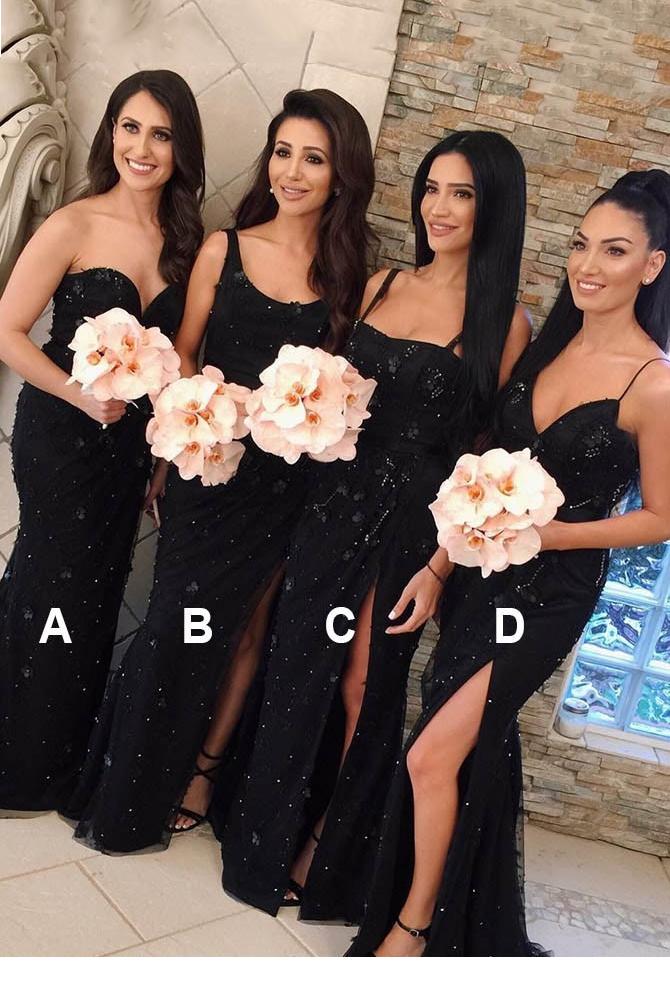 Mermaid Lace Appliques Beaded Black Bridesmaid Dresses with Split PB124