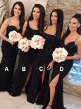 mermaid lace appliques beaded black bridesmaid dresses with split