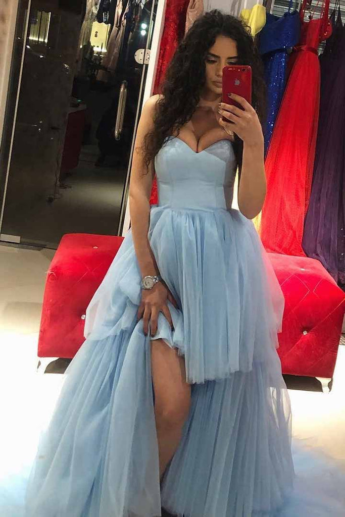 sweetheart hi lo tulle blue long prom dresses with train