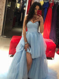 Sweetheart Hi-Lo Tulle Blue Long Prom Dresses With Train MP211
