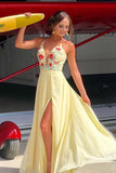 daffodil spaghetti chiffon slit long prom dress with embroidery