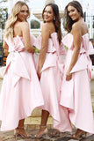 pink strapless high low bridesmaid dresses with bowknot