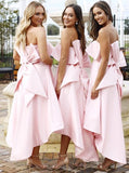 pink strapless high low bridesmaid dresses with bowknot