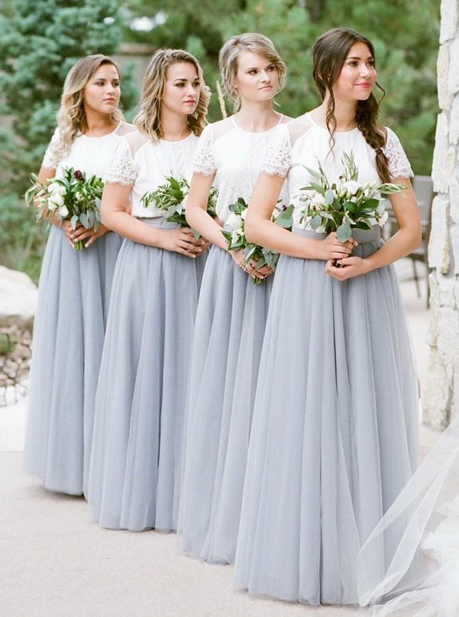 boho short sleeve scoop neck gray long bridesmaid dresses