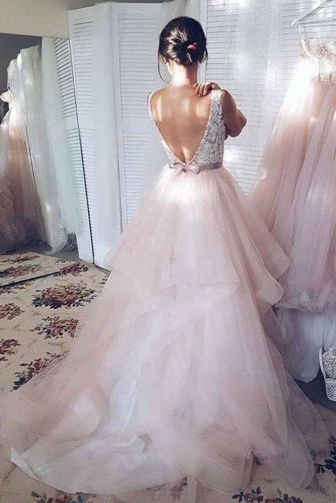 princess skin pink graduation dresses v neck backless wedding gowns