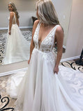 a line v neck long sleeveless wedding dress with lace appliques