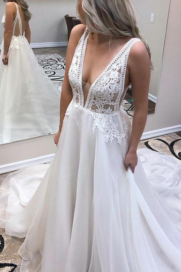 a line v neck long sleeveless wedding dress with lace appliques