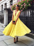 yellow plunging neckline tea length prom dresses lace homecoming dress