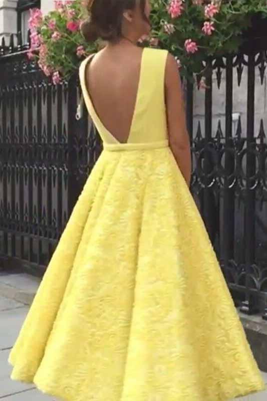 yellow plunging neckline tea length prom dresses lace homecoming dress