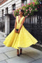 Yellow Plunging Neckline Tea-Length Prom Dresses Lace Homecoming Dress GM203