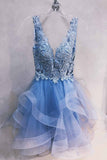 a line v neck lace short prom dress blue homecoming graduation dresses