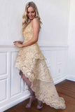 A-line V-neck Gold Homecoming Dress, Lace High Low Short Prom Dress GM191