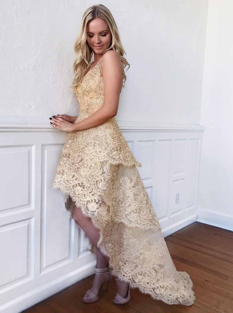 a line v neck gold homecoming dress lace high low short prom dress