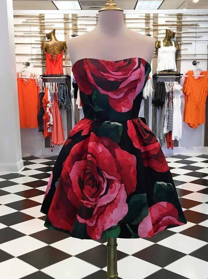 strapless short prom dresses floral print homecoming dress