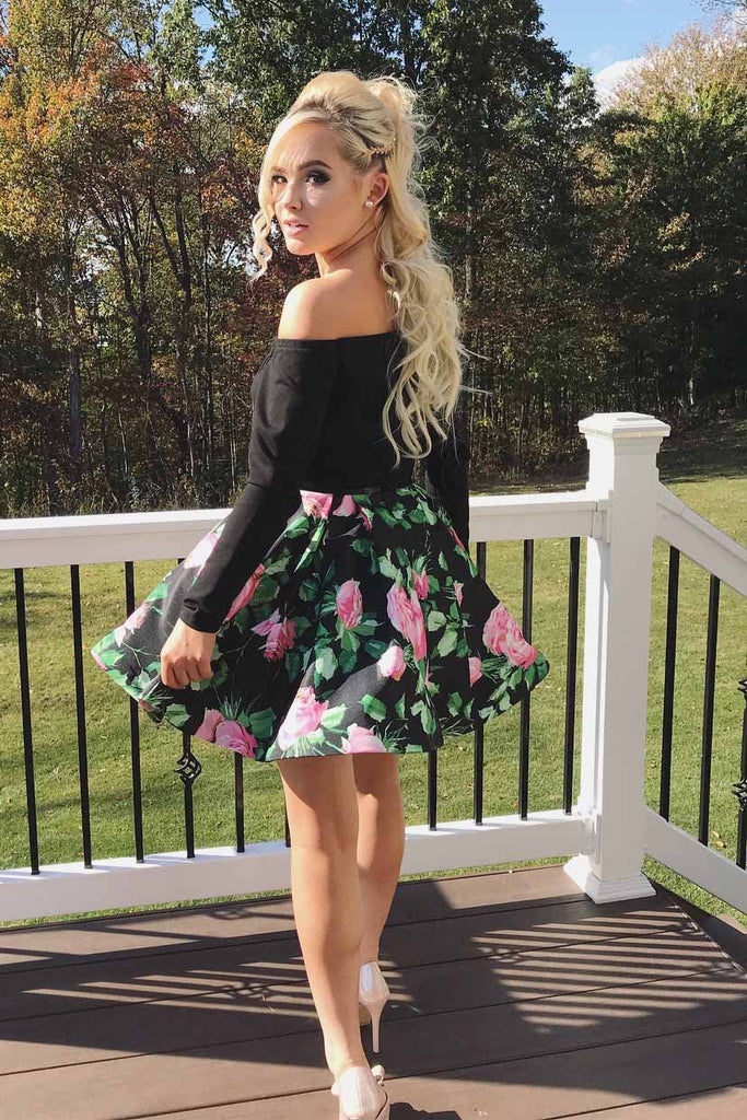 black long sleeves short prom dresses floral print two piece homecoming dress