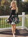 black long sleeves short prom dresses floral print two piece homecoming dress