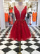 a line v neck lace short prom dresses red graduation homecoming dresses