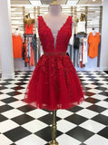 A-line V-neck Lace Short Prom Dresses, Red Graduation Homecoming Dresses GM197
