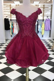 cap sleeves v neck beads short prom dress burgundy homecoming dress