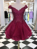 cap sleeves v neck beads short prom dress burgundy homecoming dress