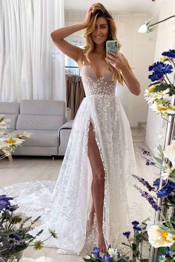 straps v neck boho wedding dress with split boho lace bridal gown