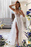 Straps V Neck Boho Wedding Dress with Split, Boho Lace Bridal Gown PW531
