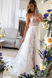 Straps V Neck Boho Wedding Dress with Split, Boho Lace Bridal Gown PW531
