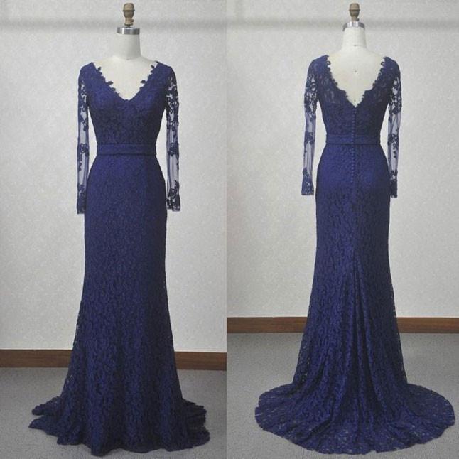 Navy Blue Lace Mermaid Mother of the Bride Dress, Elegant Long Sleeves Party Dress WM107