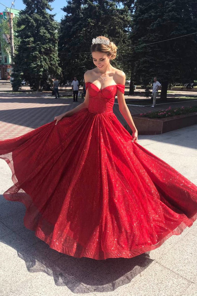 sparkly off shoulder red long prom dress sleeveless sequins evening dresses