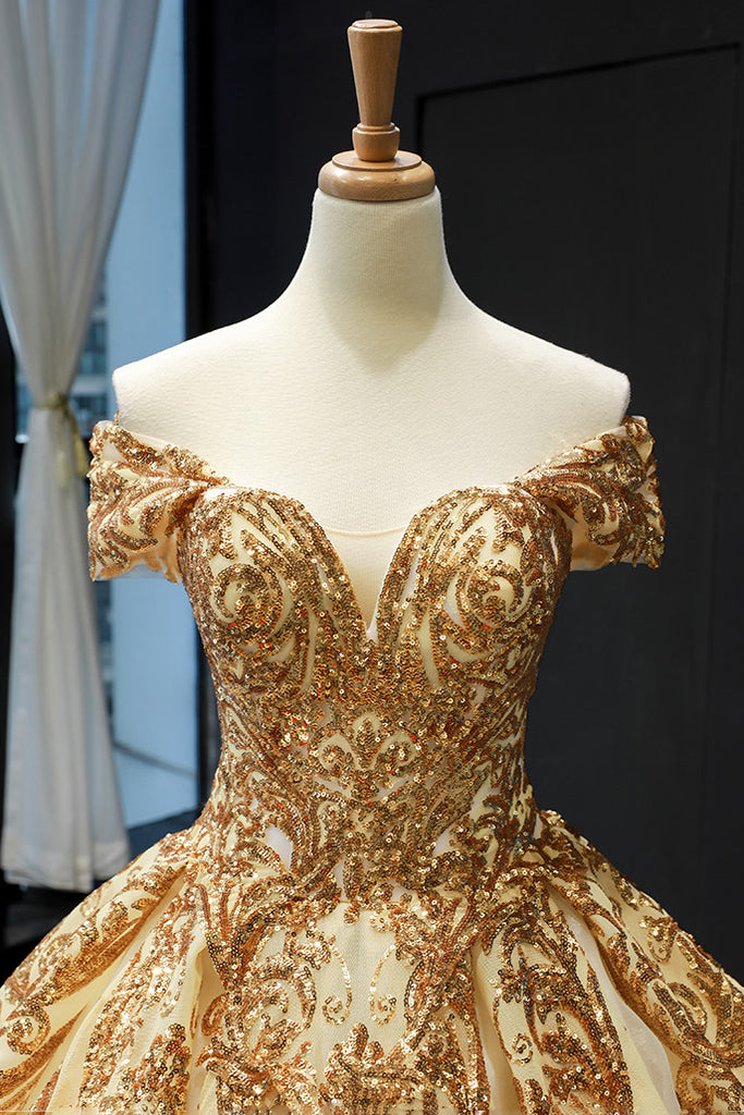 princess off the shoulder gold sequins prom dress ball gown