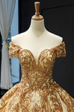 Princess Off-the-Shoulder Gold Sequins Prom Dress Ball Gown MP271