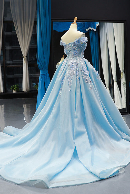 off the shoulder light blue prom dress 3d appliques quinceanera gown