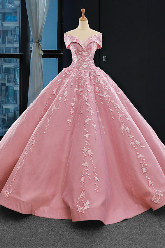 princess pink ball gown off the shoulder appliques prom dress