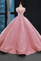 Princess Pink Ball Gown Off-the-Shoulder Appliques Prom Dress MP270