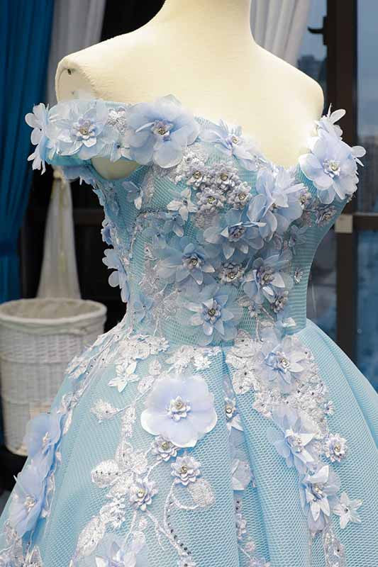 Off-the-Shoulder Light Blue Prom Dress 3D Appliques Quinceanera Gown MP272