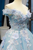 off the shoulder light blue prom dress 3d appliques quinceanera gown