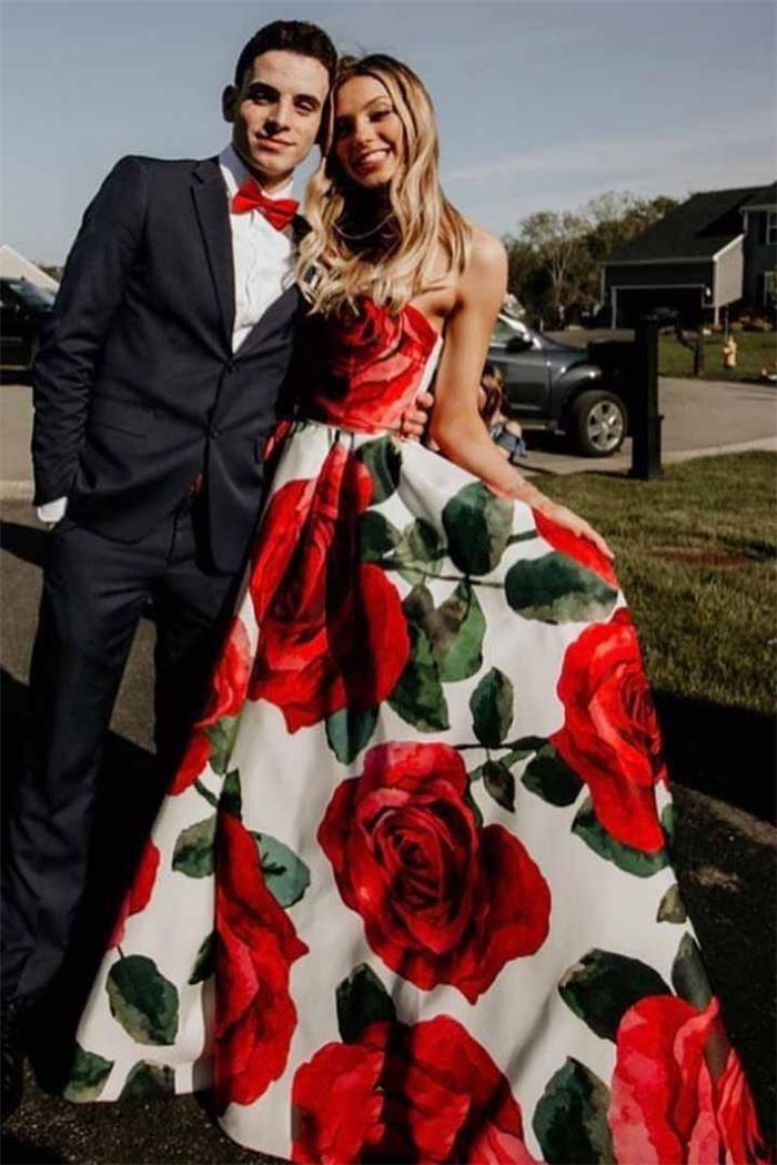 Elegant Strapless Formal Gown Rose Floral Print Long Prom Dresses MP310