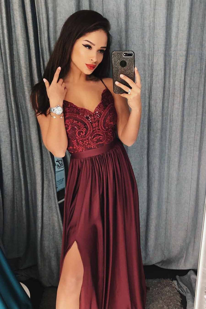long burgundy prom dresses spaghetti a line appliques with slit